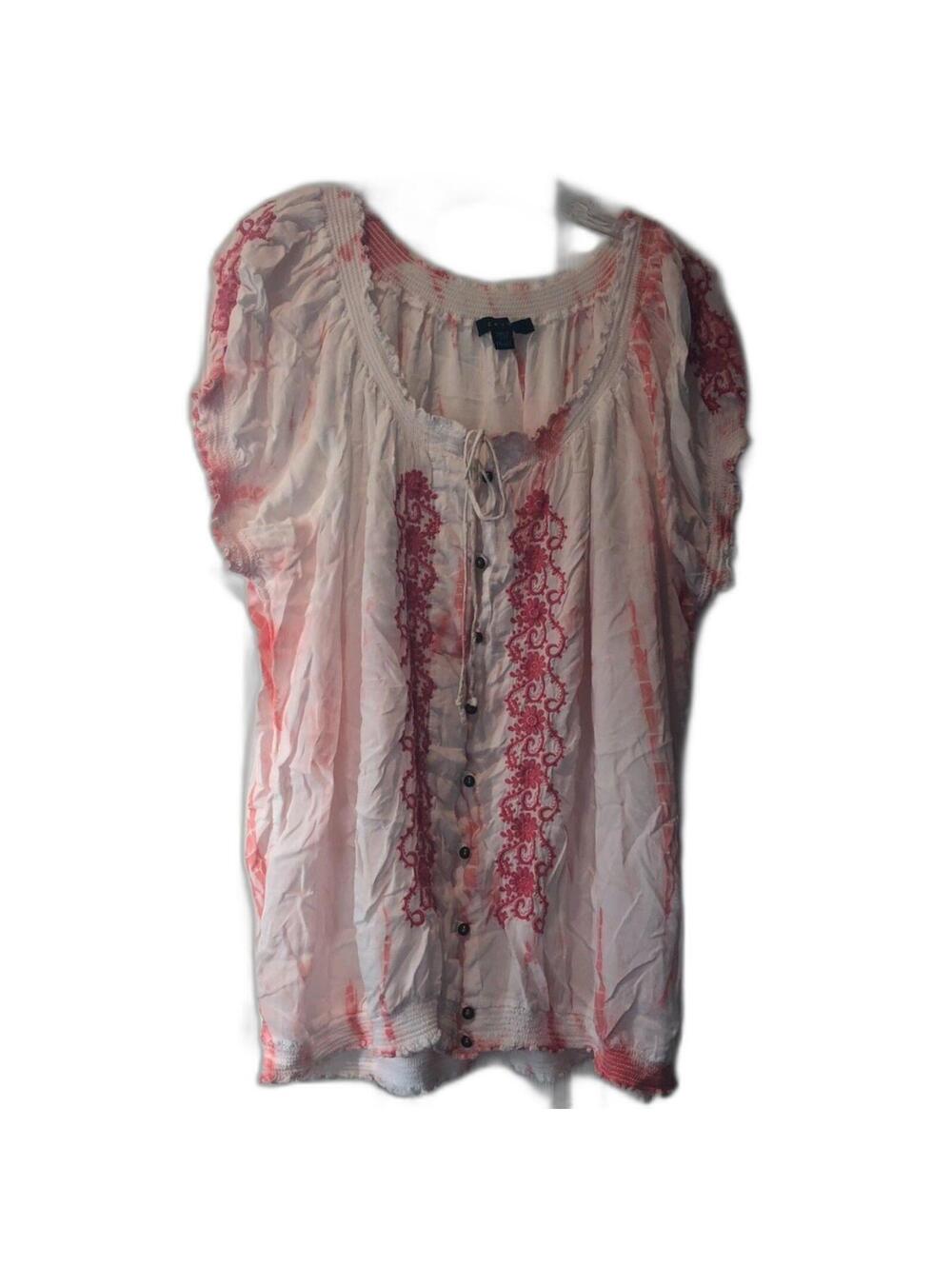 Fever XXL White Pink Tie Dye Boho Chic Top Embroidered Peasant Shirt Top Blouse